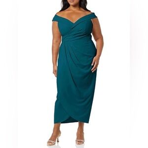 CITY CHIC Emerald Teal Off Shoulder Pleated Faux Wrap Dress